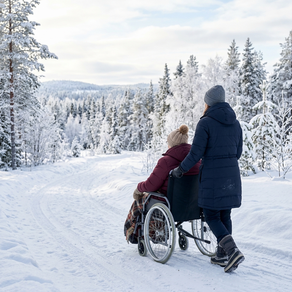 Turvallista seuraa vanhukselle ulkoillessa talvisessa maisemassa
